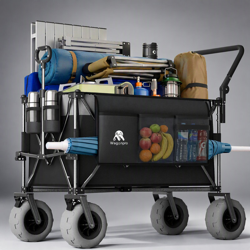 Chariot pliant 48 pouces multifonctionnel avec poignée rotative et pneus tout-terrain pour le camping et la plage, robuste et grande capacité