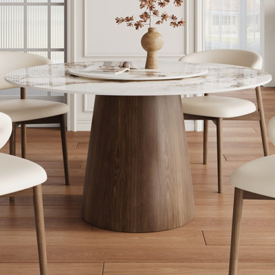 Modern Dark Walnut Pedestal Round Dining Table With Rotating Lazysusan & Colorful Top Choices