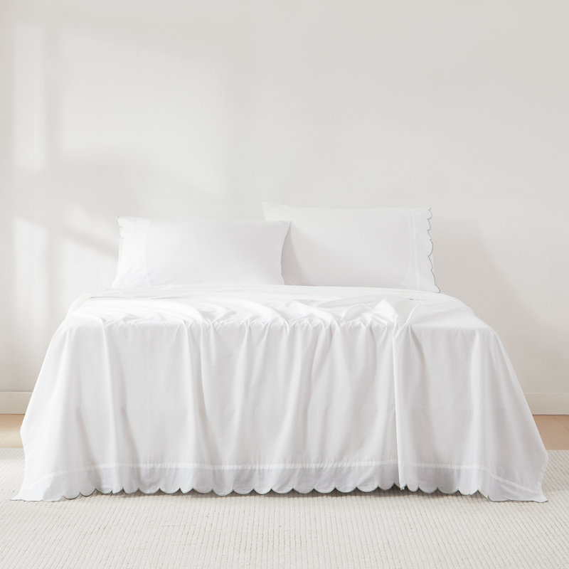 Coastal Chic Scalloped Edge Cotton Sheet 4Pc Set, King Sheet Set, Green