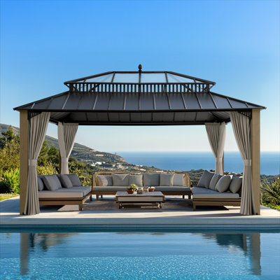 SUNJOY Kingston 16x12 Gazebo, Steel & PC Roof Hardtop Gazebo with Curtain and Netting - Cedar Posts