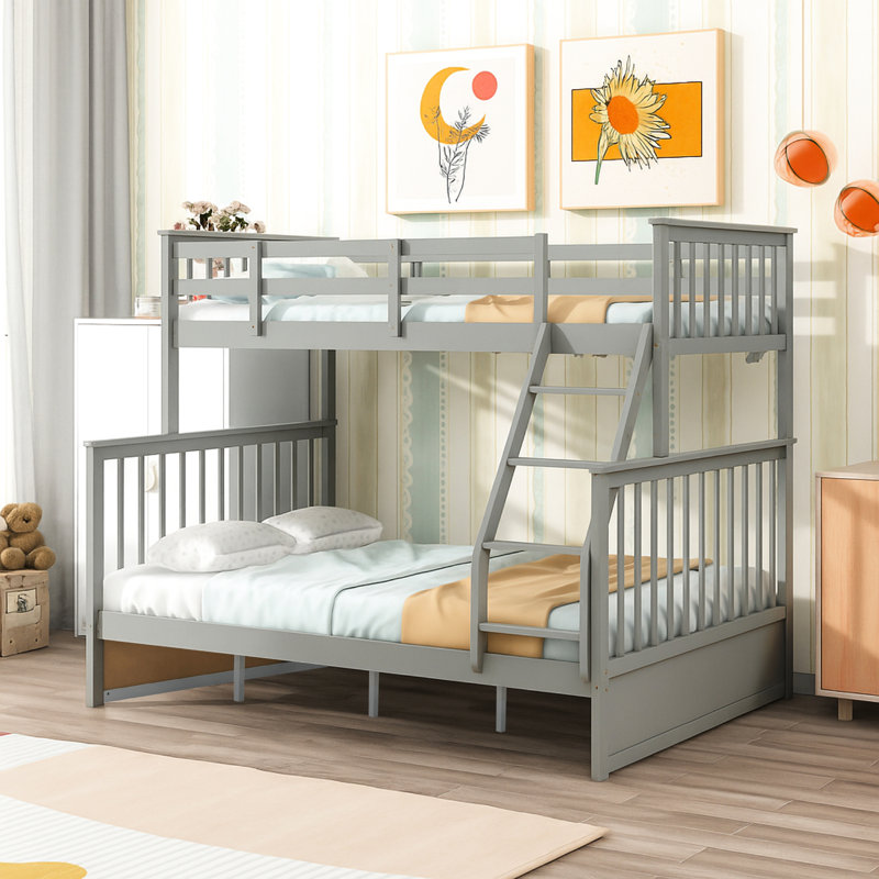 Gray Twin Over Full Bunk Bed In Wood, Featuring And Guard Rails, High - Strength Solid Pine, Easily Divisible Into Two Independent Sleeping Spaces, No Spring Box Needed, Upper With Length Rail,