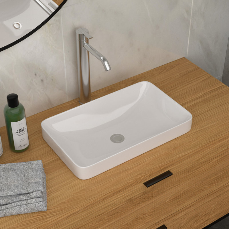 Lavabo de salle de bain 12 po x 19 po en céramique blanche avec vasque moderne, surface teintée, aspect poli, idéal pour les maisons, finition, bureaux appropriés