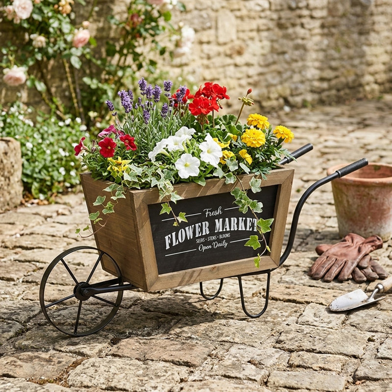 Pot à fleurs brouette en bois brun avec cadre en fer noir