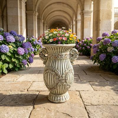Embossed Floral Design Planter with Dual-ear handle & Antique Texture