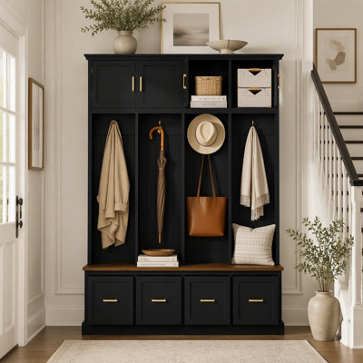 Farmhouse Entryway Hall Tree with Coat Hooks, Cabinets & Drawers