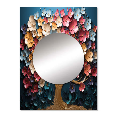 Sohanpal Multicolor golden tree on blue tones - Tree Large Wall Mirror, Modern Decorative Mirror, Printed Metal Art