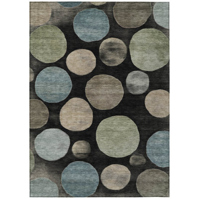 3' X 5' Black Fern Green And Teal Blue Geometric Washable Indoor Outdoor Area Rug