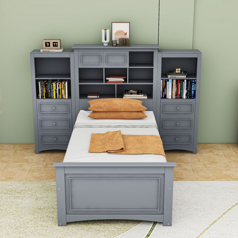 Lit plateforme multifonctionnel en bois avec tiroirs et tablettes de rangement, Gris