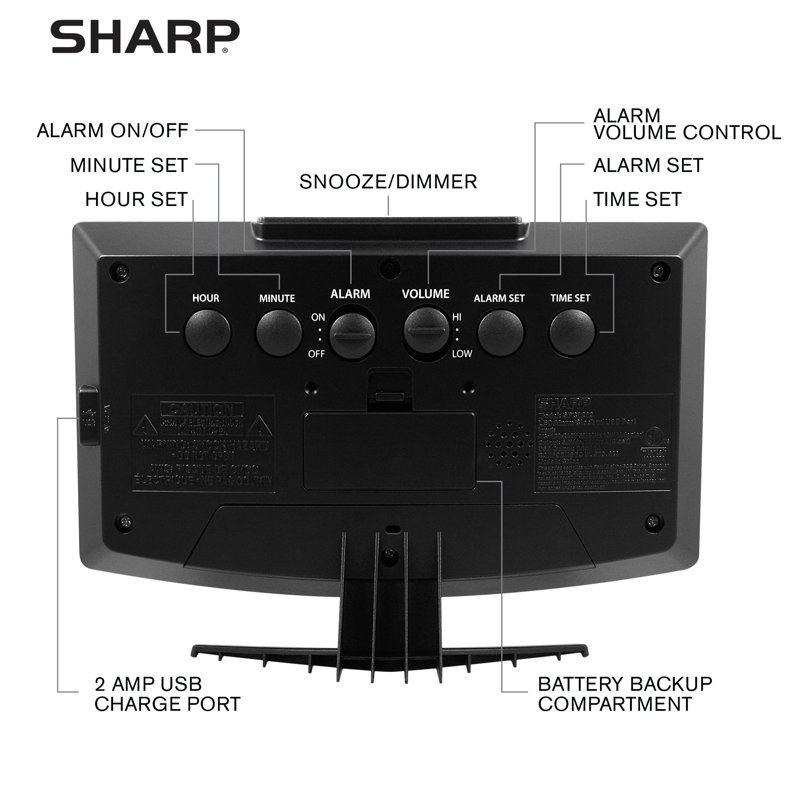 Réveil numérique Sharp, grand écran, USB 2 ampères FastCharge, affichage numérique à DEL bleu