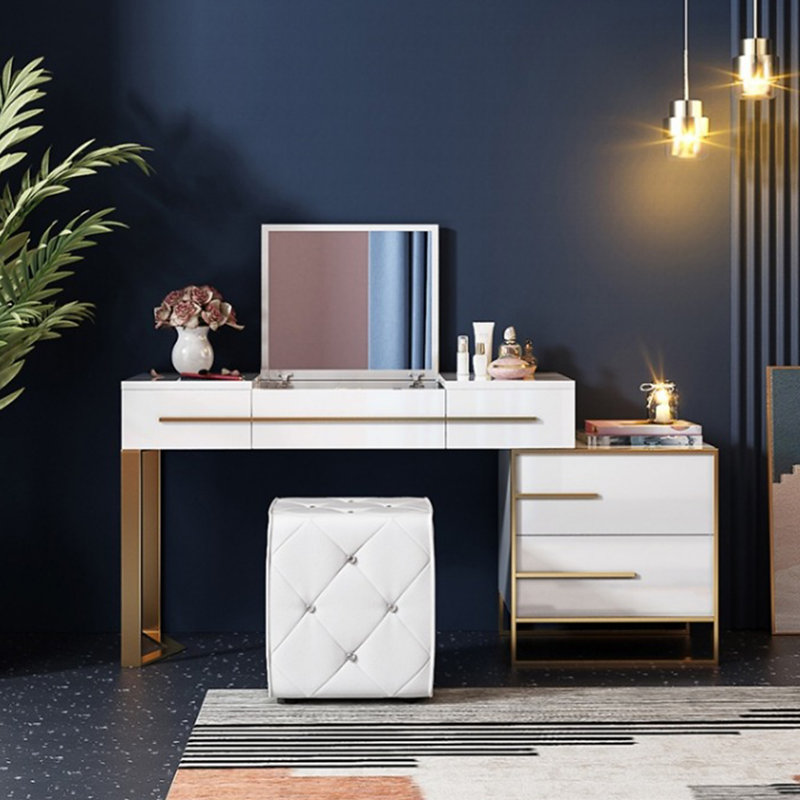 47'' Extendable Makeup Vanity Desk, Modern Vanity Table Wtih Flip-top Mirror And Four Drawers, Dressing Table With Nightstand For Bedroom