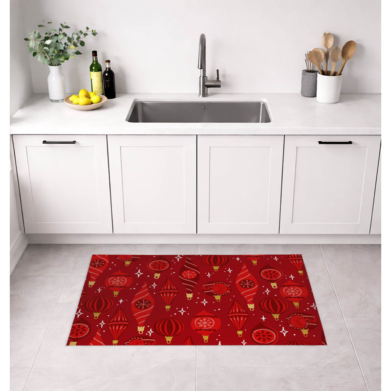 Tapis de cuisine à profil bas Ornaments, Rectangulaire 3 pi x 5 pi, Rouge