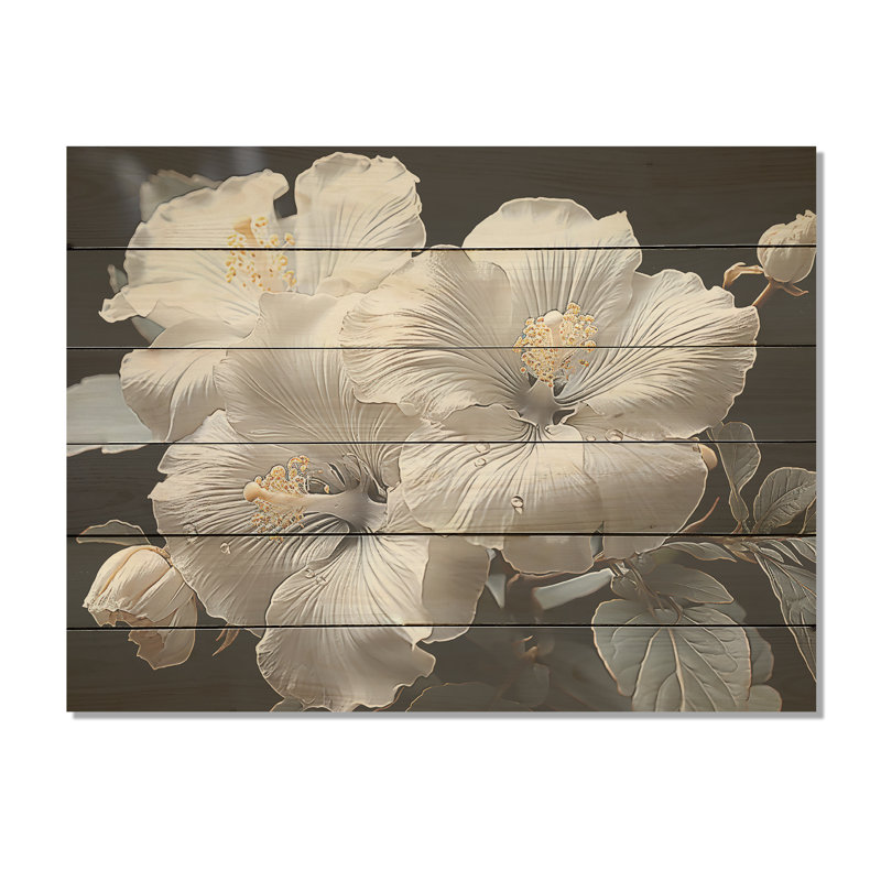 Fleurs d'hibiscus blanches illuminées au clair de lune I - Art mural en bois d'hibiscus sur bois de pin naturel