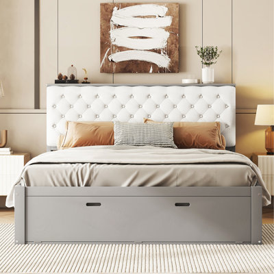 Wood Queen Size Platform Bed With Storage Headboard, Shoe Rack And 4 Drawers,Gray