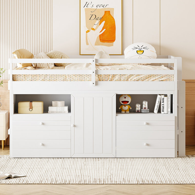Lit mezzanine avec 4 tiroirs, sous l'armoire et les tablettes, Blanc