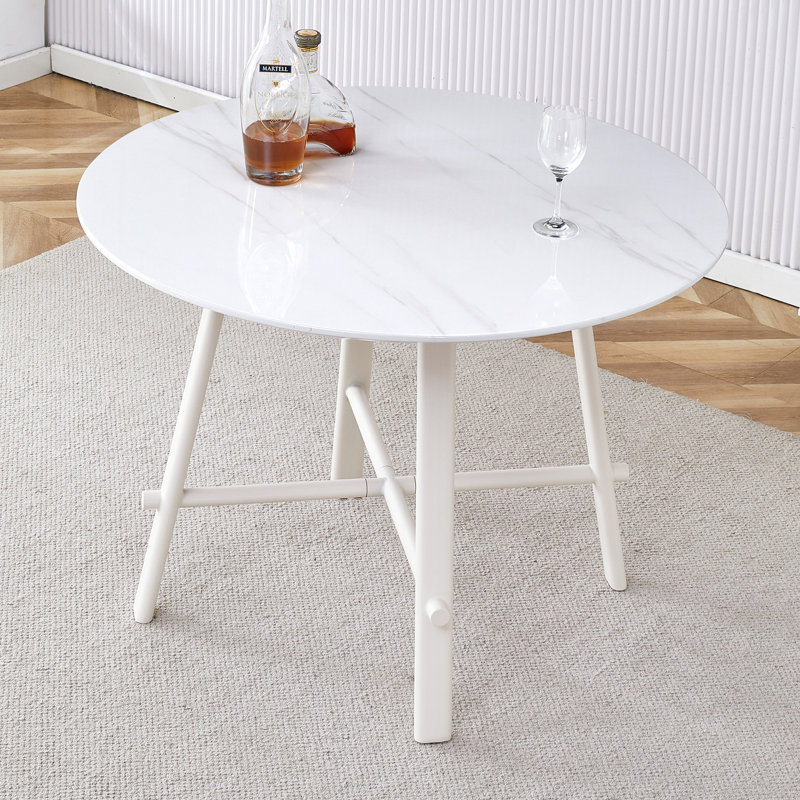  Table de salle à manger ronde moderne avec plateau à motif blanc de 42 pouces et pieds en métal blanc pour la maison ou le bureau, blanc
