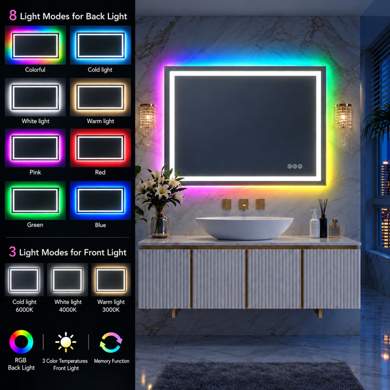 Miroir de salle de bain Lunara certifié UL sans cadre à double éclairage et rétroéclairé RVB, verre trempé, antibuée intelligent