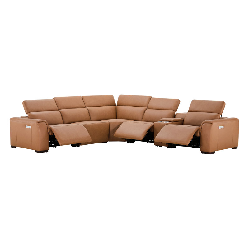Canapé modulaire inclinable électrique en cuir véritable 6 pièces Thea avec ports et prises USB, console et porte-gobelet