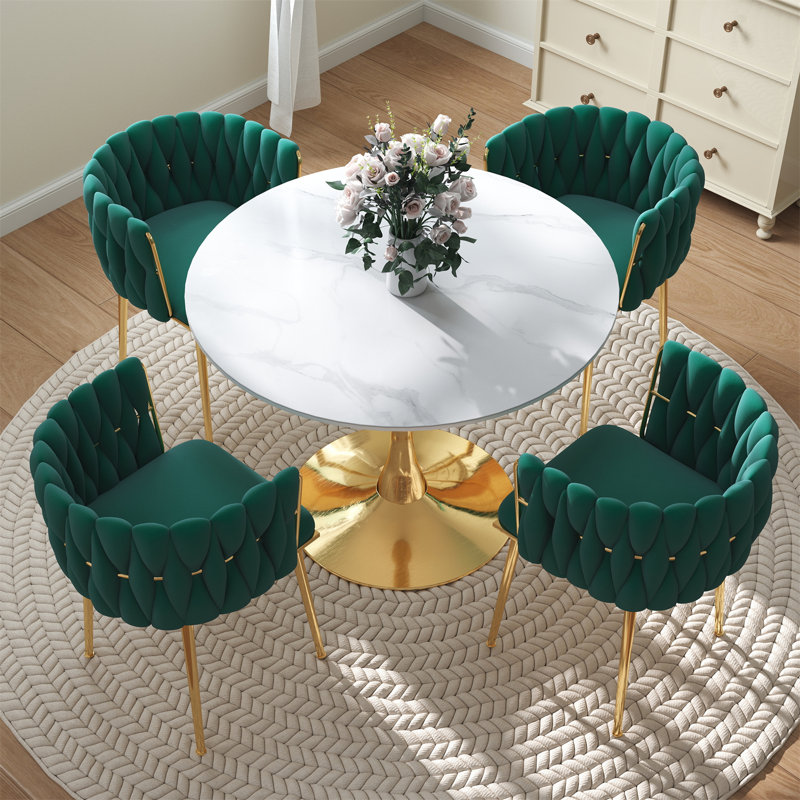 Round Pedestal Dining Set with Woven Dining Chair, Green