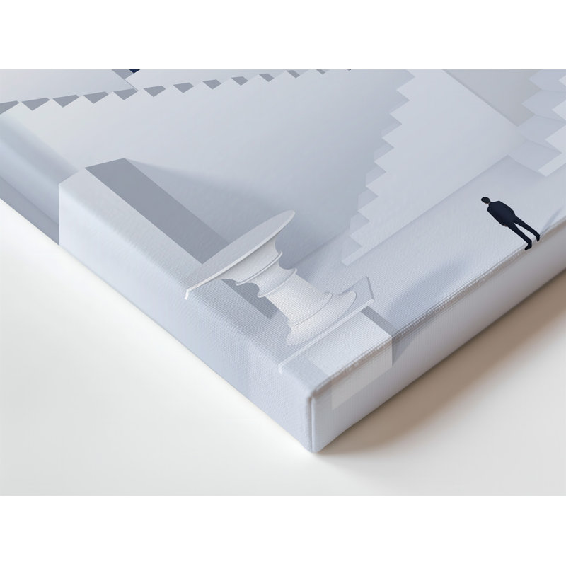 Toile, scène architecturale minimaliste mettant en vedette des bâtiments géométriques blancs Stark et des escaliers muraux qui montent vers une toile profonde