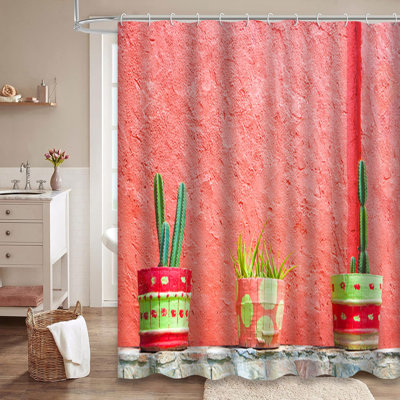 Green Cactus Colorful Pink Walls Art Shower Curtain with 12 Hooks