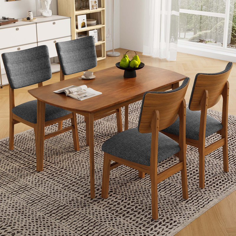 Ensemble de table de salle à manger Mid-Century moderne pour 4 personnes, table de salle à manger en bois massif et chaises en bois massif, table de salle à manger de style campagnard 5 pièces et 4 chaises rembourrées pour la maison, la cuisine, l’appartement et l’économie d’espace