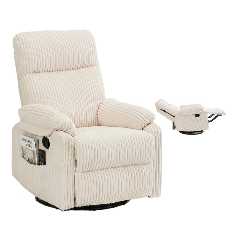 Fauteuil inclinable à bascule pivotant à 360° en velours côtelé beige avec repose-pieds, idéal pour les petits espaces et les chambres d'enfants.