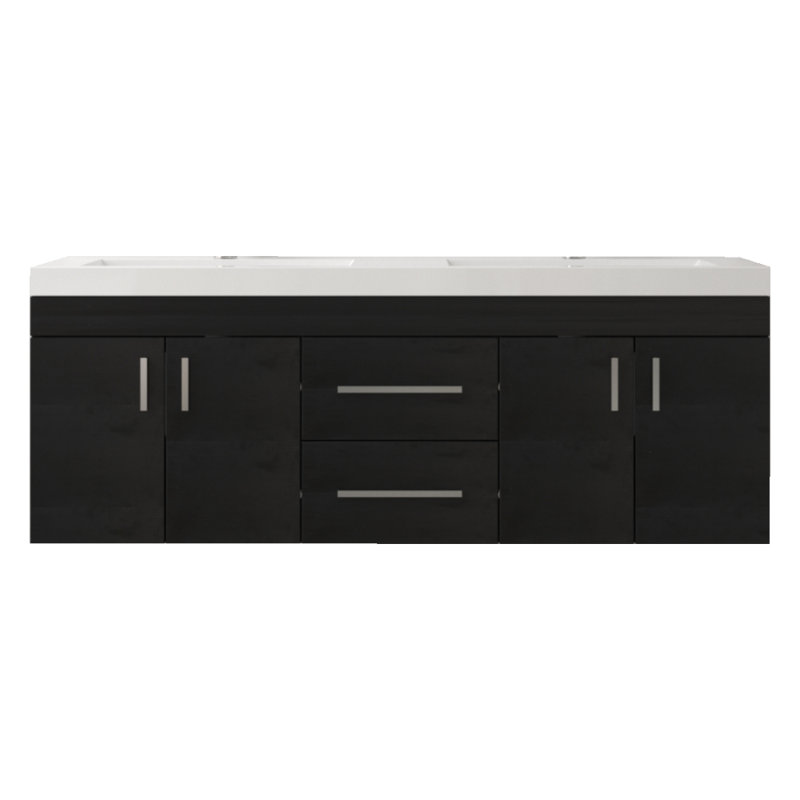 Avalia 60'' Wall Mounted Double Bathroom Vanity with Solid Surface Top, Black