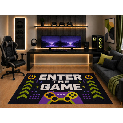 "Ultra Light Weight" 5' x 7' Enter the Game Area Rug Modern Controller Graphic Art for Boys Teen Bedroom Gaming Room Playroom Non-Slip Silicone Backing Low Pile