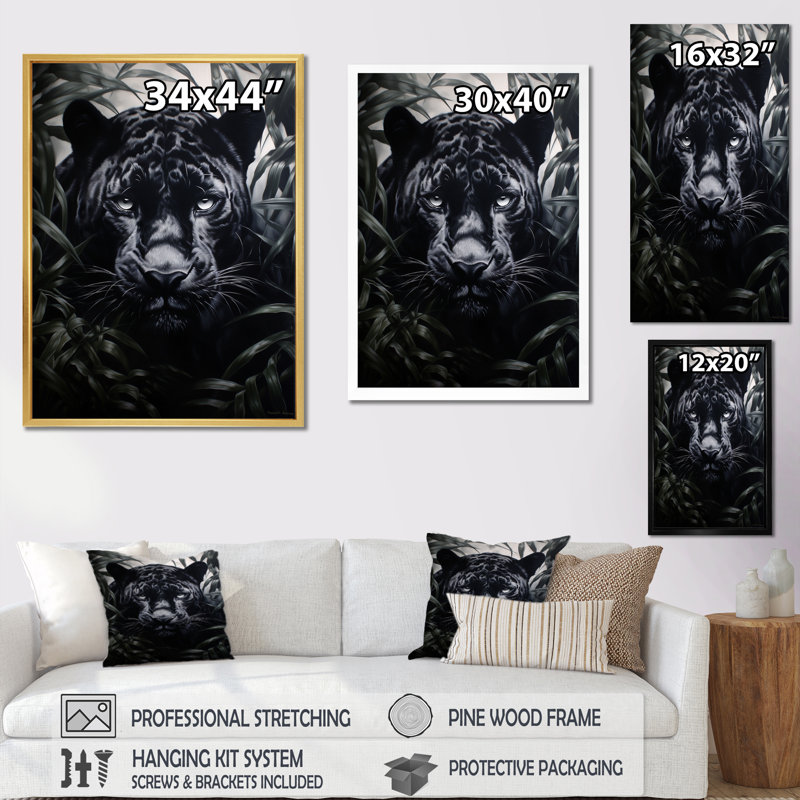 «Black White Panther», motifs contrastants sur toile, H 32 po x l 24 po x P 1 po, Cadre flottant doré