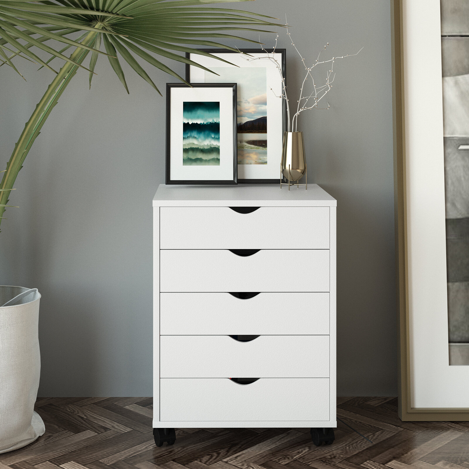 5 Drawer Chest, Wood Storage Dresser Cabinet with Wheels, Craft Storage Organization Inbox Zero Finish: White