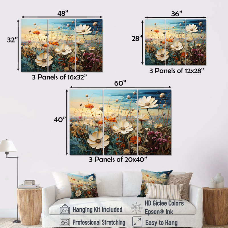 Cerulean Seascape Flowers Field - Ensemble de décoration murale fleur, H 28 po x l 36 po x P 1 po