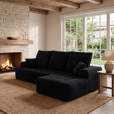 Canapé d'angle modulaire compressé en forme de L de 277 cm (109 po) de large avec méridienne, canapé 2 pièces en velours côtelé avec ressorts ensachés et assise profonde pour salon, aucun assemblage requis, noir