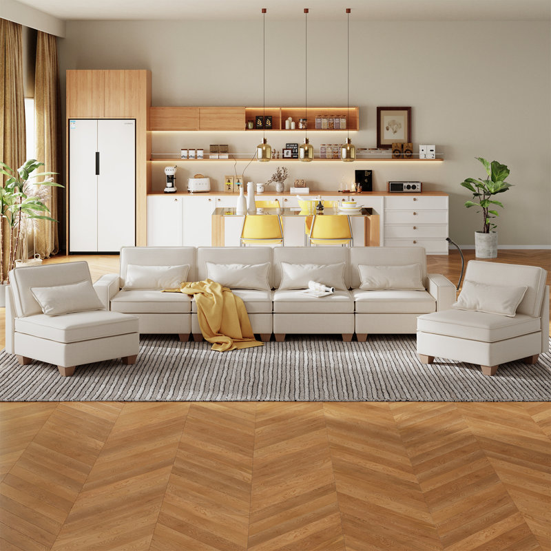 Canapé modulaire en U de 131 po avec 6 sièges modulaires avec sièges de rangement et support pour téléphone, Tissu beige