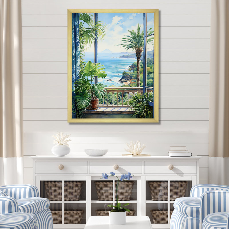 «Tropical Windows To The Beach II - Coastal Windows», art mural, Cadre doré simple, H 32 po x l 24 po x P 1 po