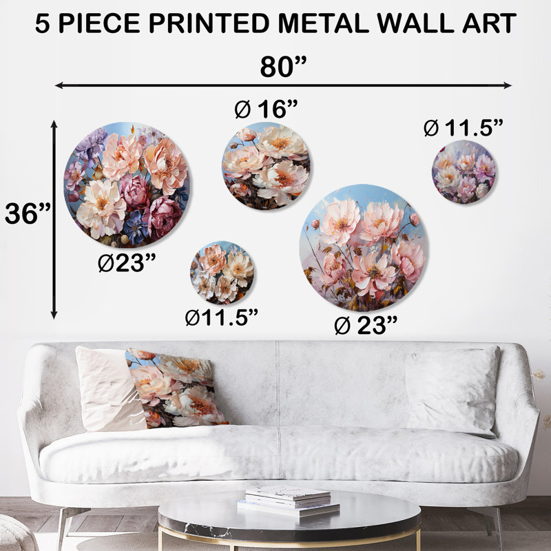 Pivoine rose liquide Art Flower Field I - ensemble de 5 décorations murales en métal