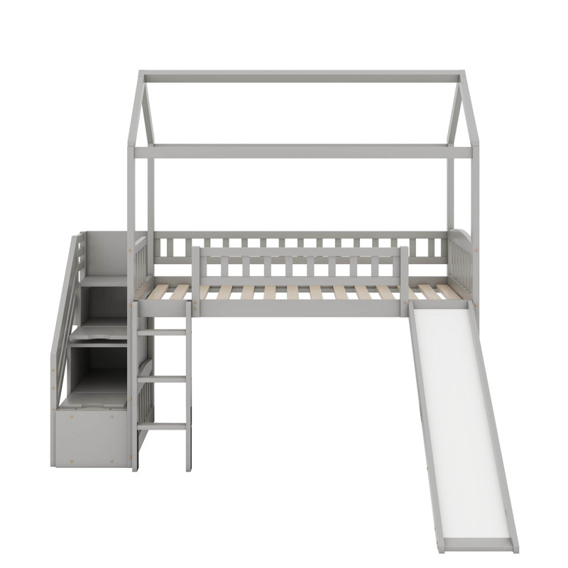 Lit mezzanine simple, structure en bois avec glissade, escalier, échelle et lit maison avec tiroirs de rangement, Gris