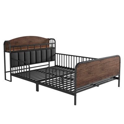 Full Size Metal Platform Bed Frame with Light, Kids Full Metal Bed with Upholstered and Storage Headboard
