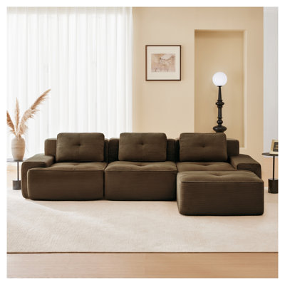 L-Shaped Modular Sectional Sofa, Corduroy 3-Seater Couch with Movable Ottoman
