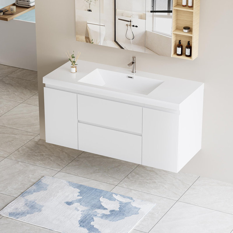 Meuble-lavabo flottant moderne de 48 pouces, Blanc