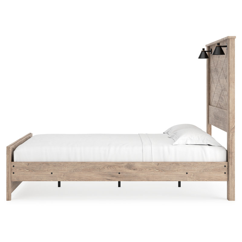 Queen Light Brown Upholstered Wood Frame Bed with Drawer