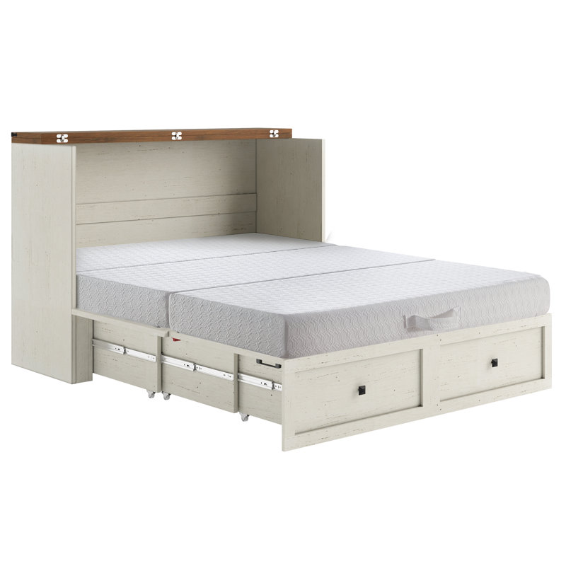 Grand lit escamotable Farmhouse avec station de charge et matelas pliable inclus, blanc, Grand, Blanc