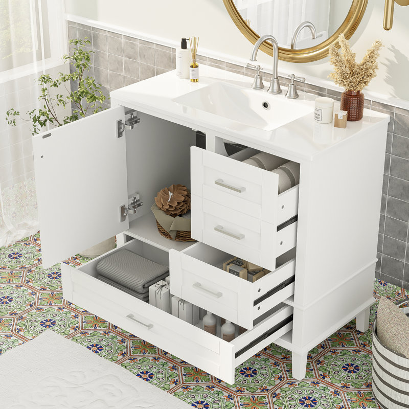 Armoire de salle de bain blanche avec porte à fermeture en douceur - rangement silencieux et fonctionnel en bois massif 36 po