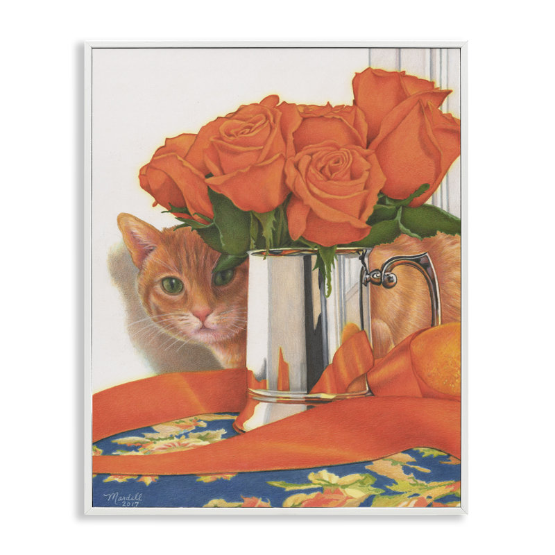 «Cat Feeking Rose Bouquet», estampe numérique par Mardell Schuster, Estampe numérique encadrée blanc bord de mer