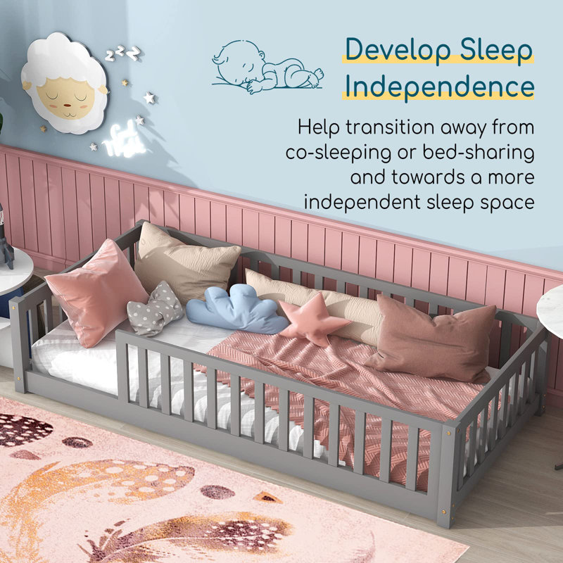 Giezi Kids Twin Floor Platform Bed with Fence, Gray, Twin