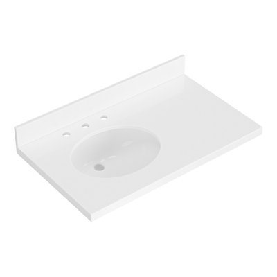 Ariel 37 Inch Pure White Quartz Bathroom Vanity Countertop 1.5 Inch Thick Miter Edge With Oval Single Sink And Includes Backsplash