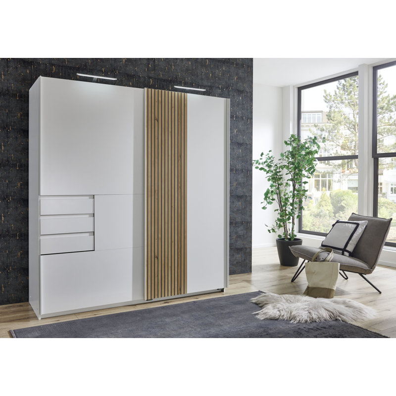 Nadije 2 Door Manufactured Wood Wardrobe, White/Acoustic Slats-NB ARTISAN