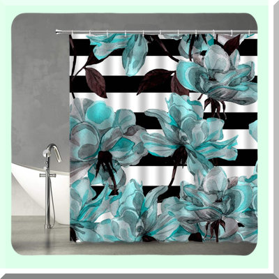 Teal Turquoise Floral Stripe Shower Curtain - Rustic Watercolor Roses Bathroom Decor Set with Hooks, Polyester Fabric