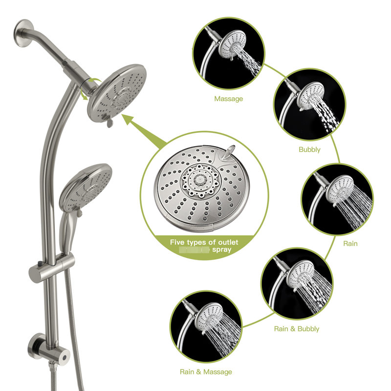 Pomme de douche double 5 po en nickel brossé avec barre coulissante réglable - 5 façons de personnaliser et de profiter des réglages multi-fonctions pour une douche confortable