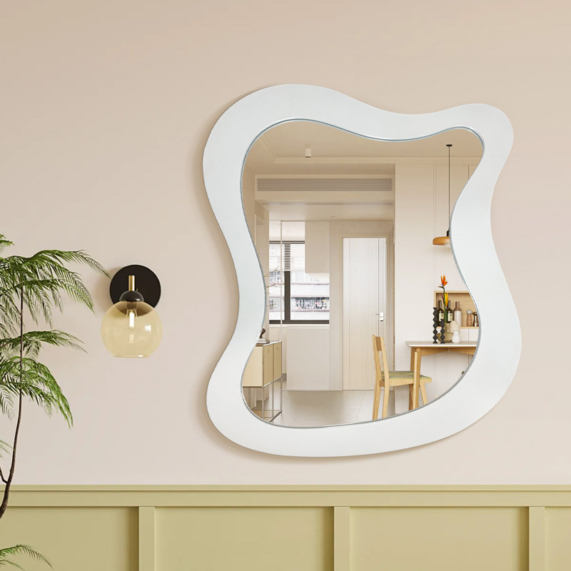 Irregular Wood Framed Wall Mirror Asymmetrical Decorative Wall Mirror, 30" x 36", White