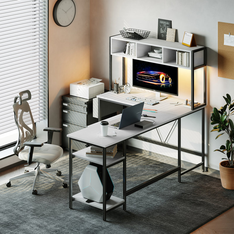 67 Inch L Shaped Computer Desk with LED Light, Home Office Corner Desk, White